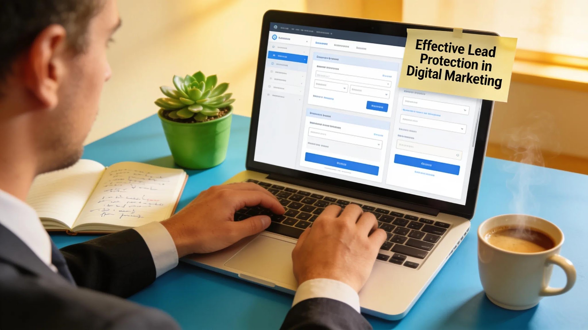 Office scene featuring a professional managing forms on a laptop, representing proactive lead protection