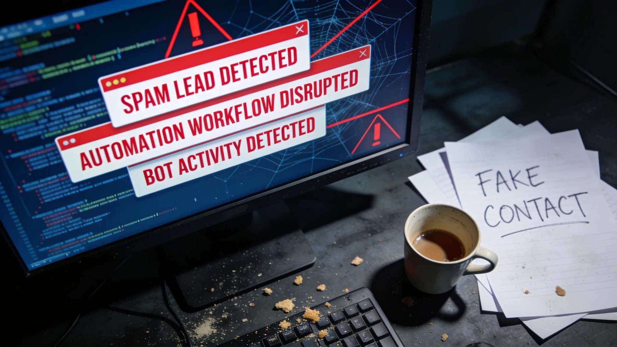 Cluttered digital workspace depicting the chaos of spam bot activity, highlighting its negative effects