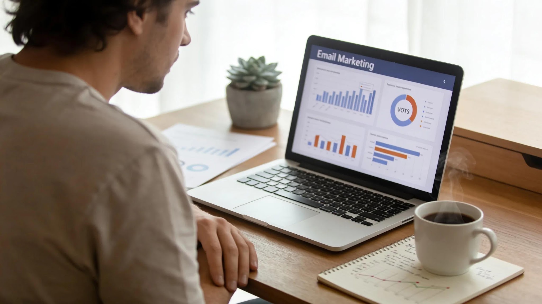 Person analyzing email marketing metrics at a tidy workspace with tools for productivity