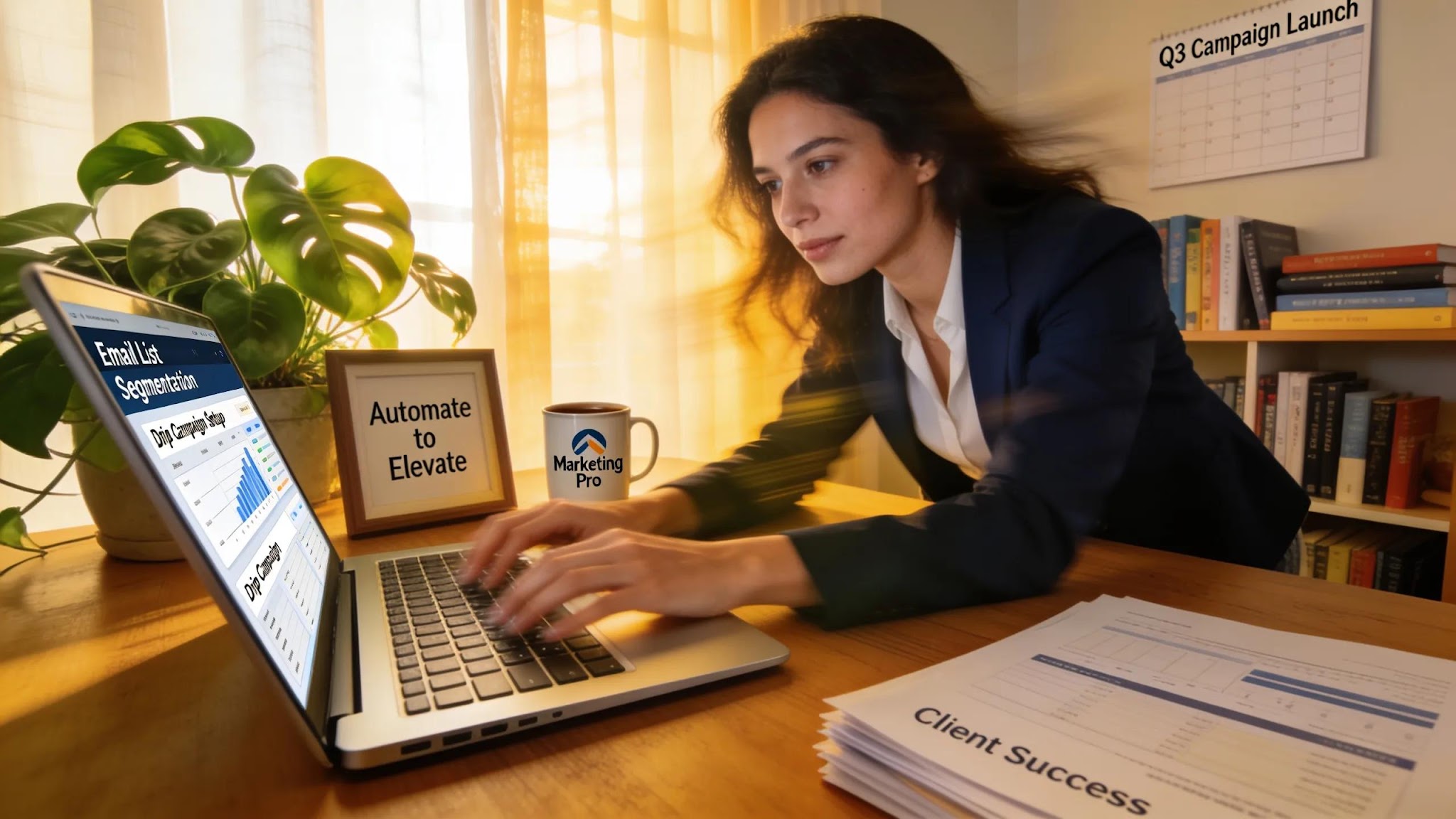 Marketing professional setting up email automation workflows in a bright office environment