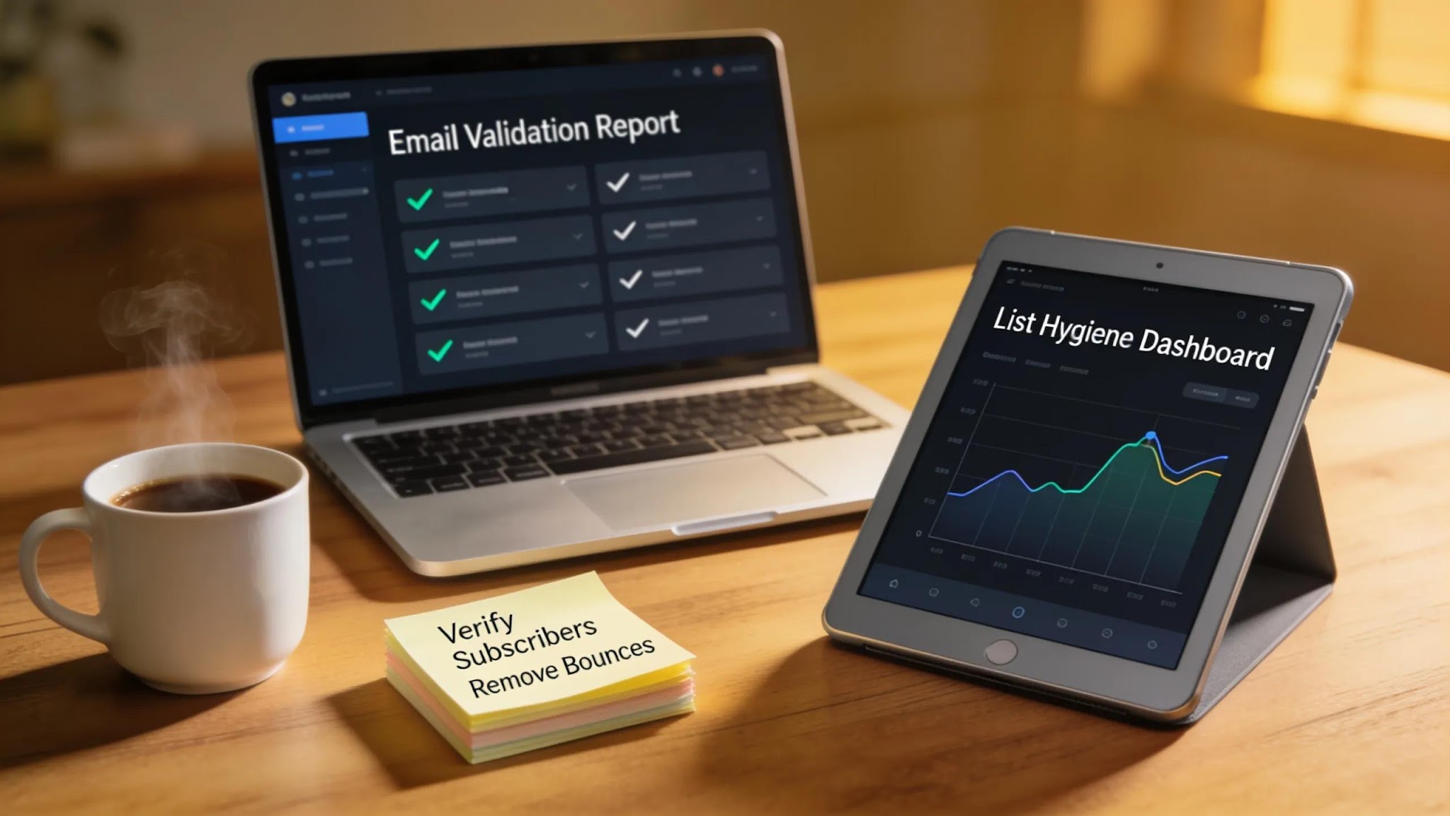 Modern devices displaying email verification tools in a workspace focused on list hygiene
