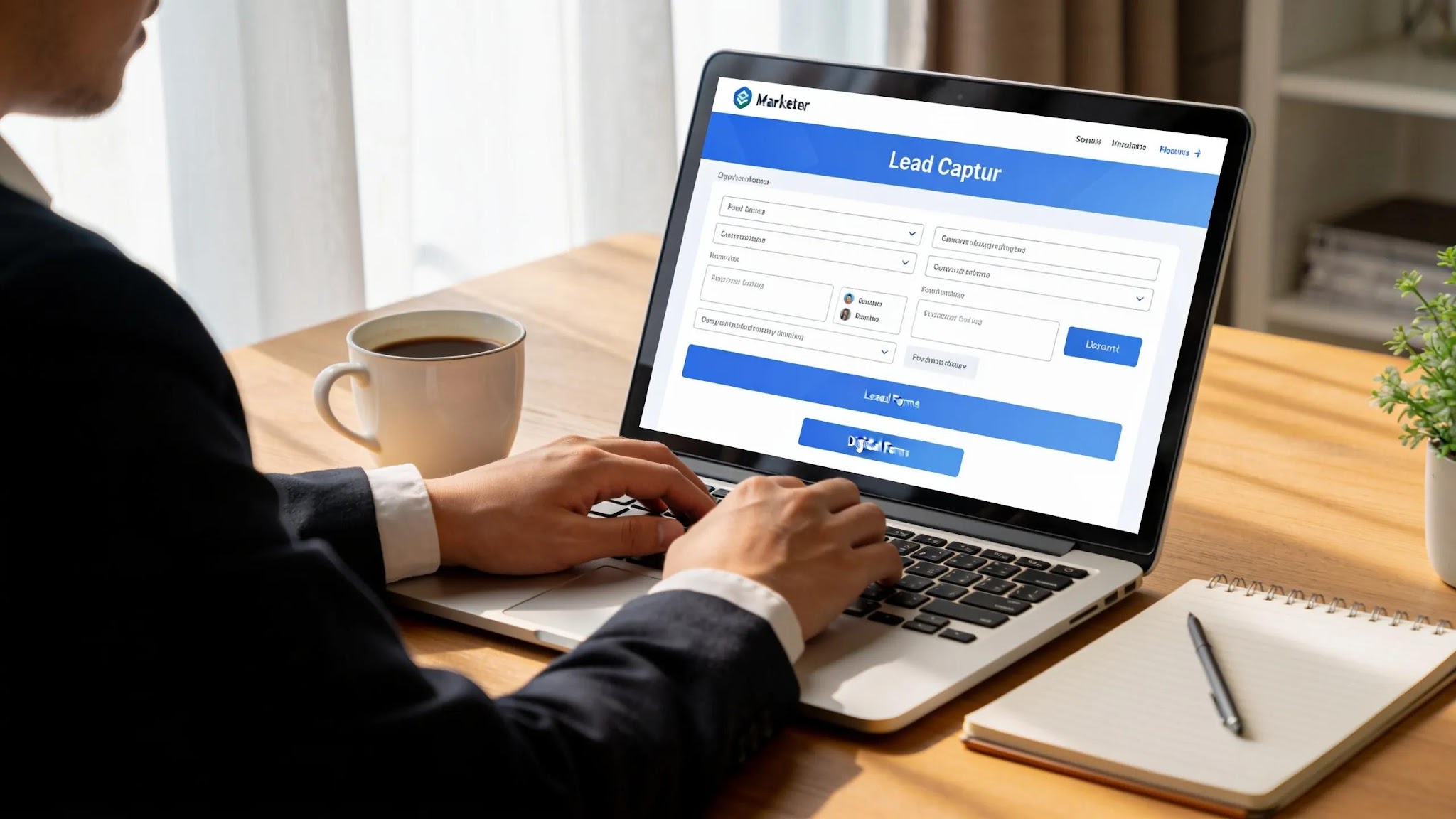 Marketer analyzing a lead capture form on a laptop in a welcoming workspace
