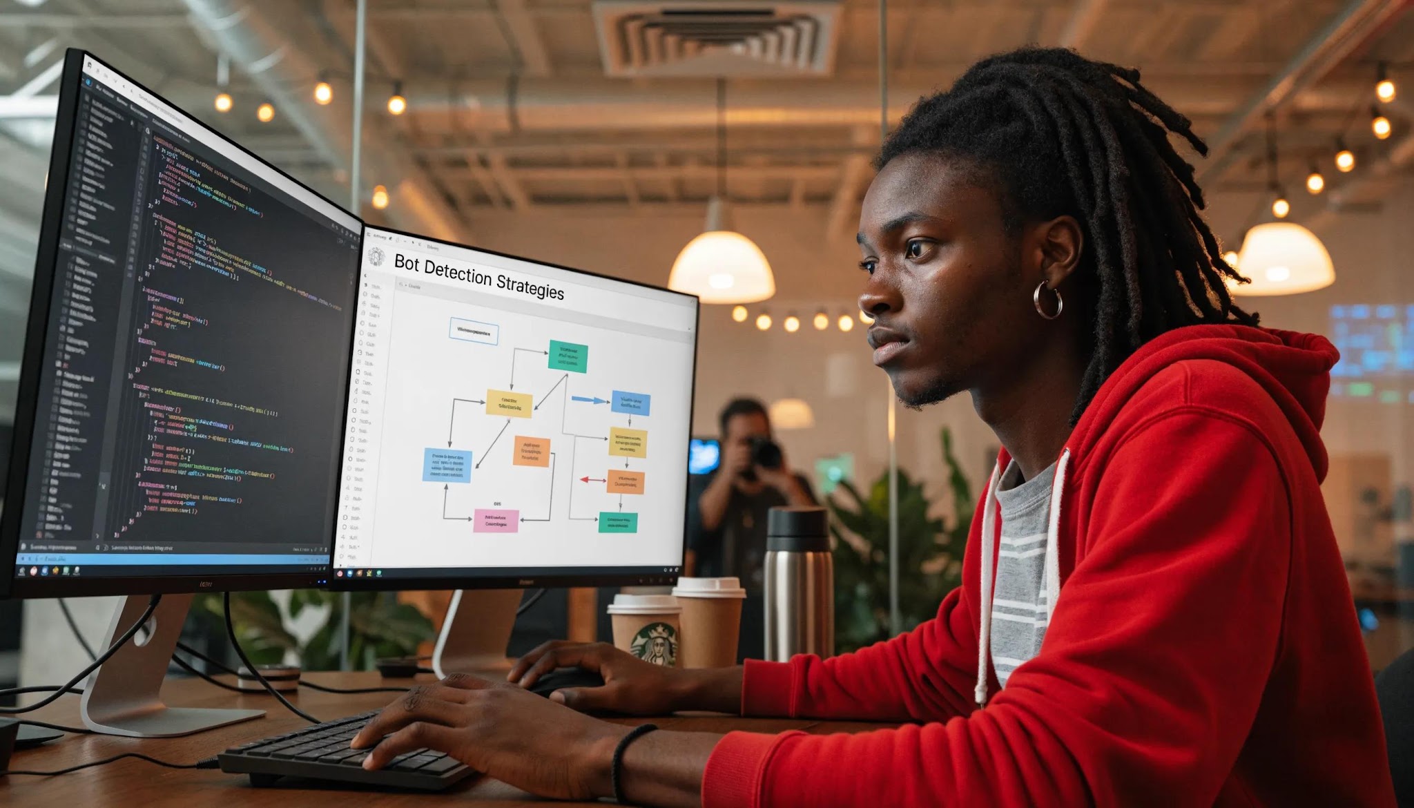 Software engineer developing bot detection strategies in a tech workspace