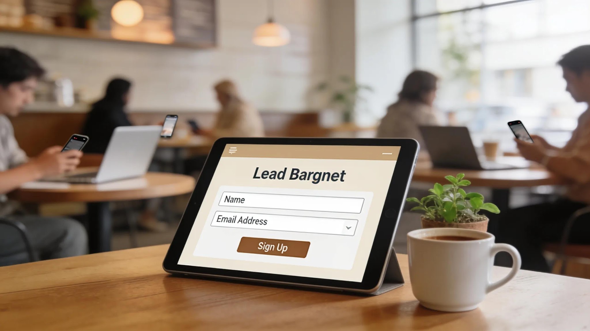 Close-up of a lead magnet form on a tablet in a coffee shop setting