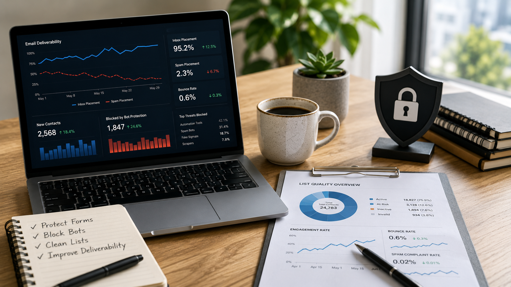 Email marketer reviewing declining deliverability metrics on a laptop screen