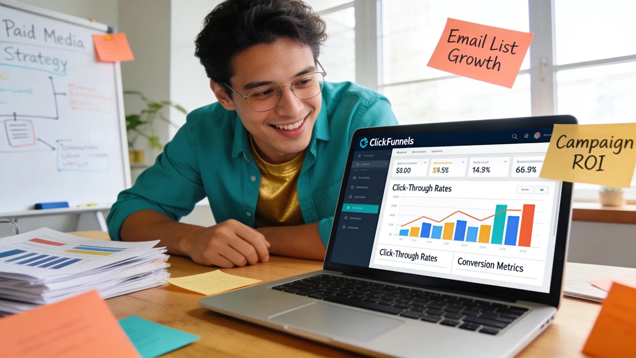 Marketer analyzing email lists at workspace with ClickFunnels