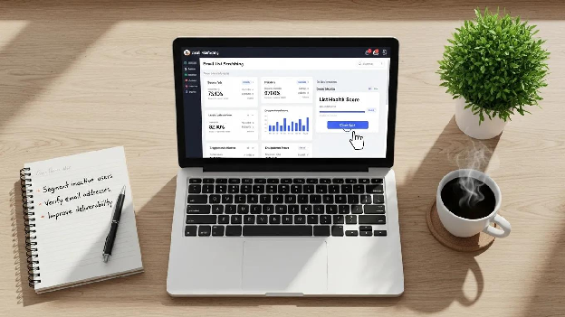 Digital workspace with email marketing dashboard, laptop, notepad, and coffee cup