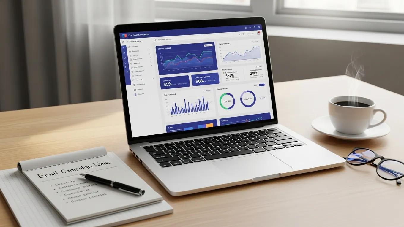 Professional workspace with laptop displaying email marketing dashboard, emphasizing email list scrubbing services