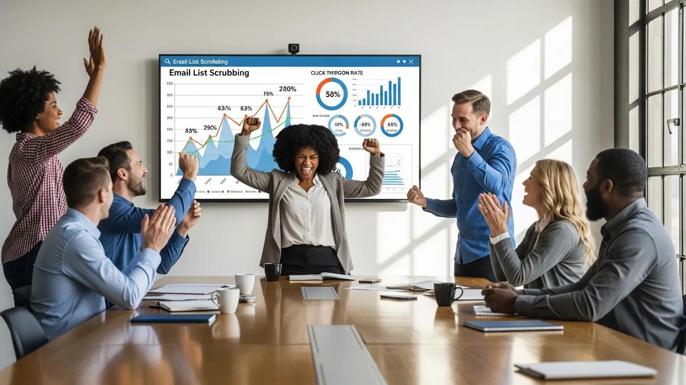 Business team celebrating success with improved email marketing metrics, showcasing overall benefits of email list scrubbing