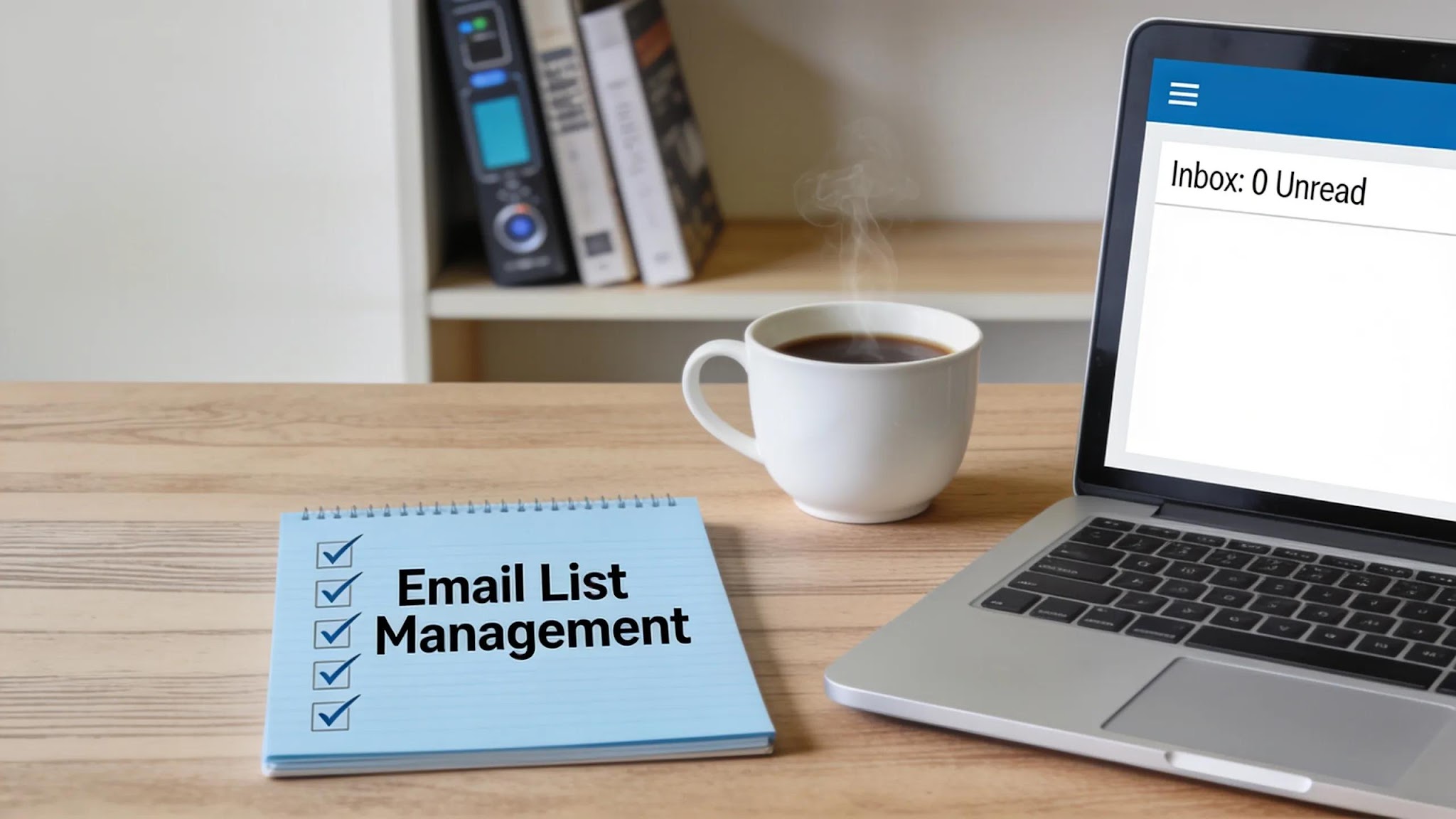Efficient workspace with a laptop showing a clean inbox, emphasizing automated email list management