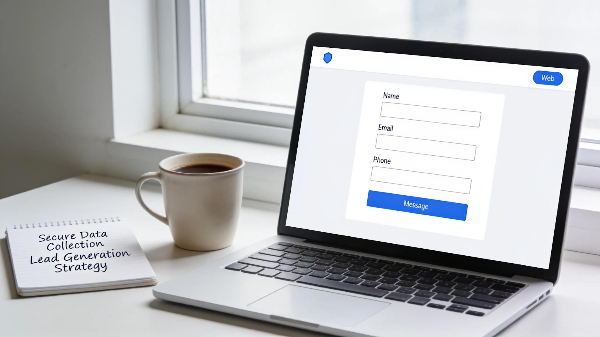 Modern workspace with laptop displaying web forms for protecting lead data