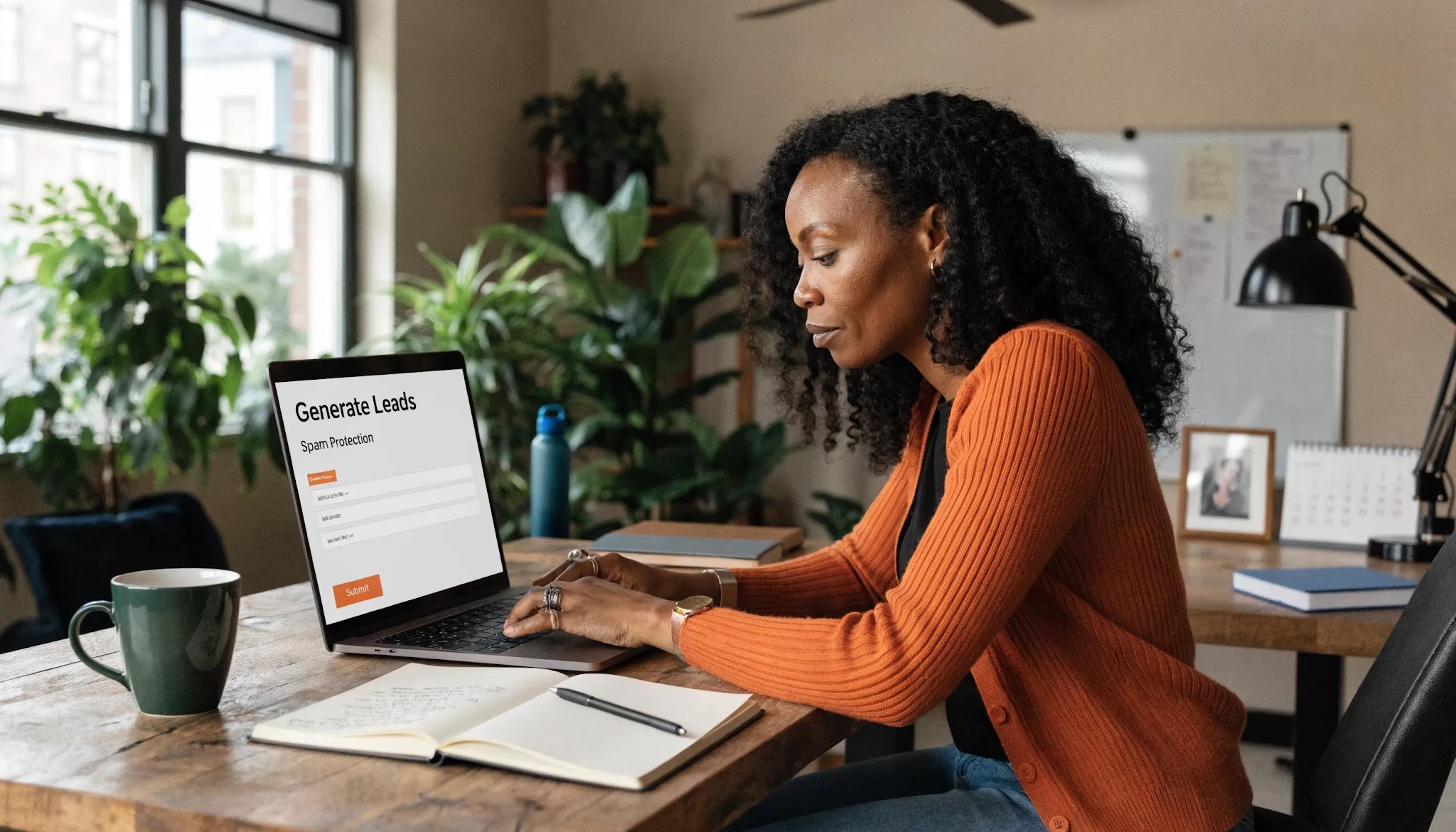 Business professional using laptop for effective lead generation with spam protection focus