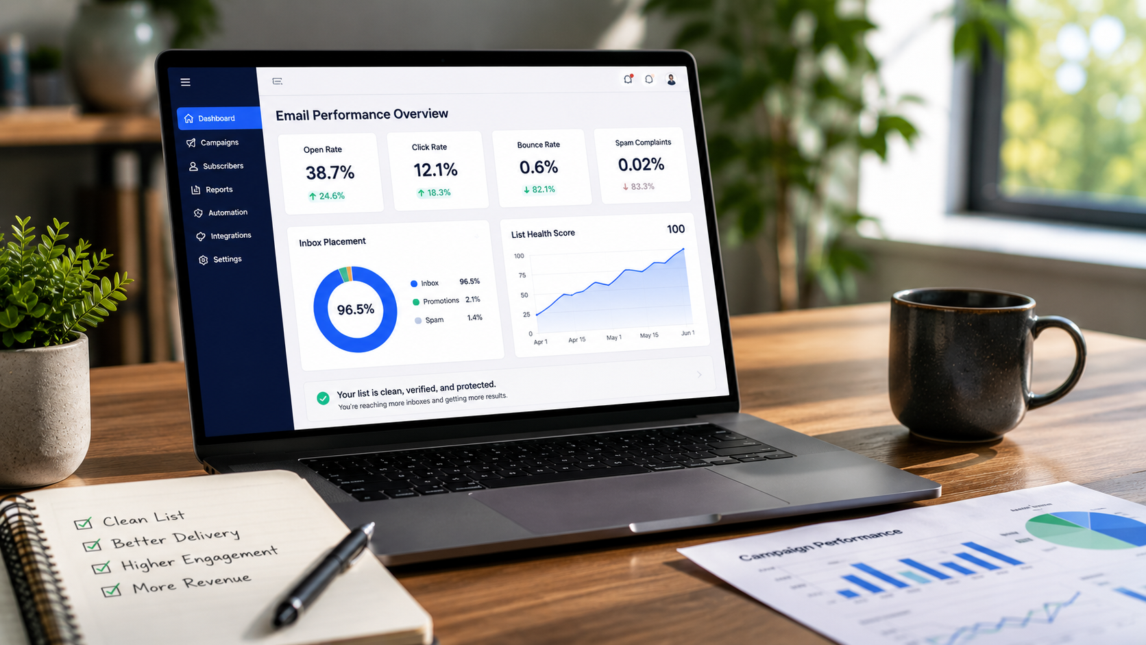 Email verification dashboard illustrating improved deliverability metrics