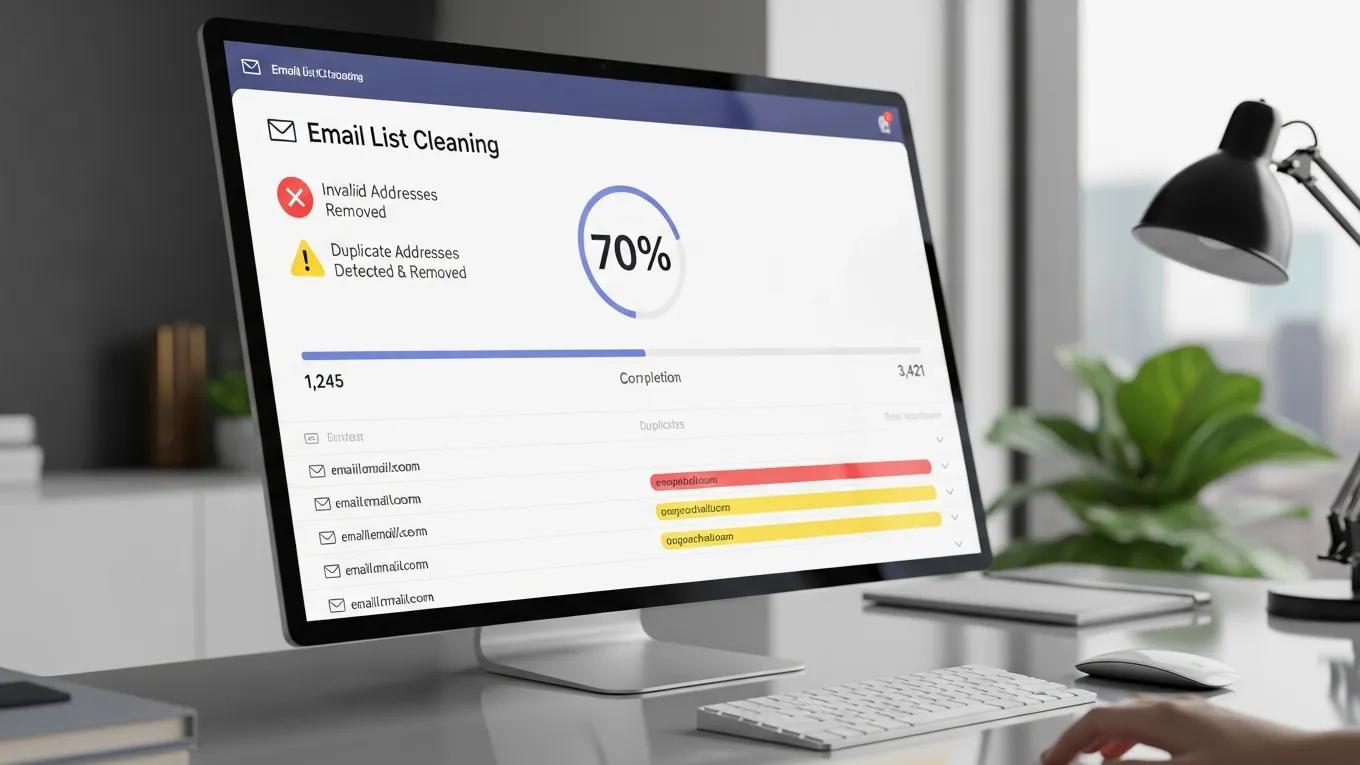Computer screen showing email list cleaning process with progress bar and icons