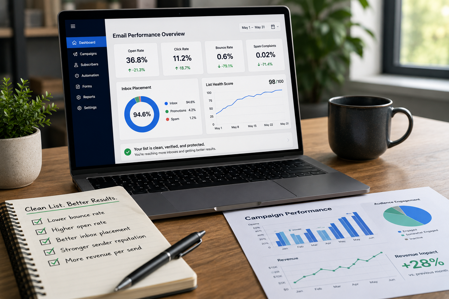 Email marketing analytics dashboard showing ROI from email list cleaning